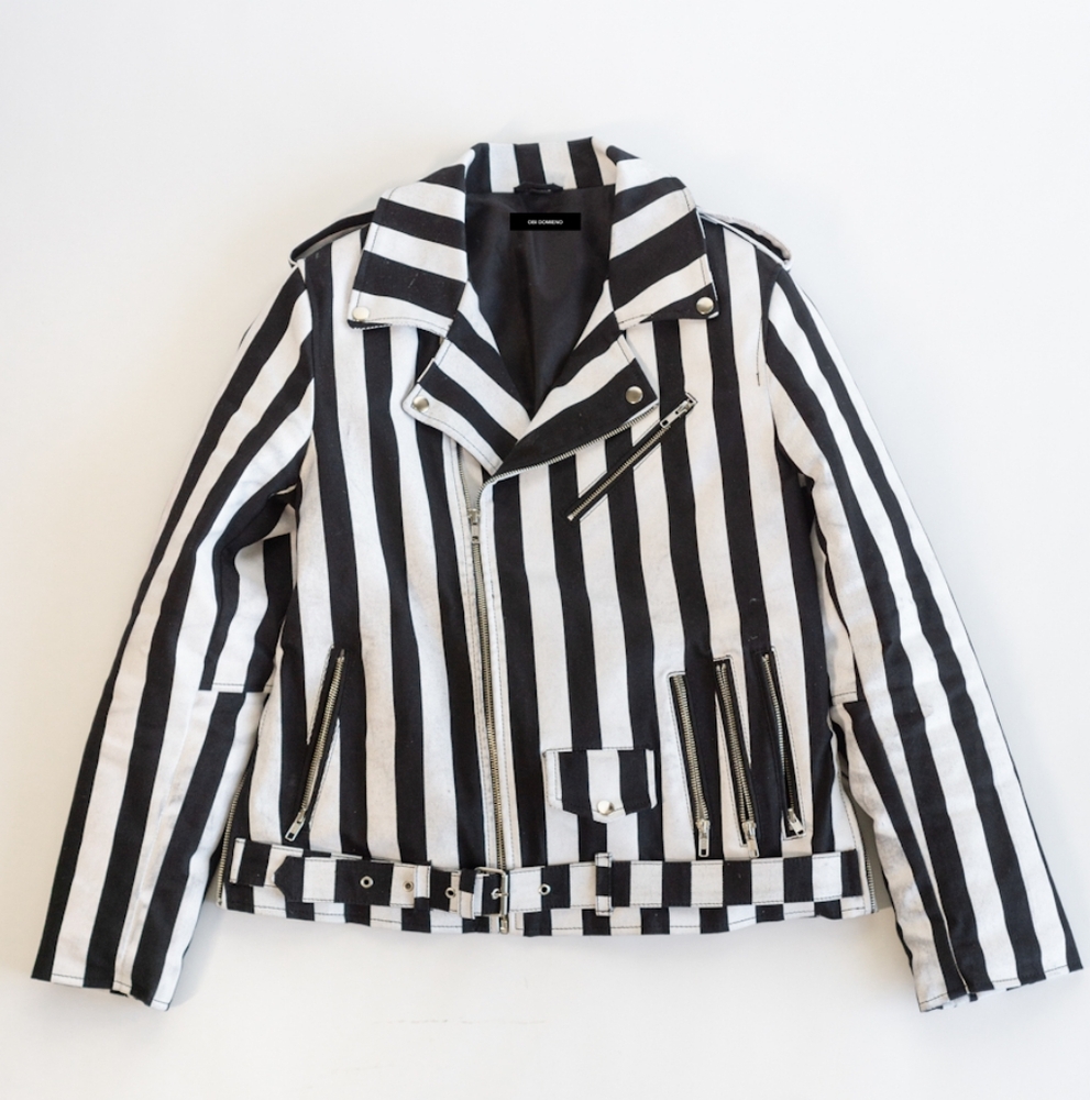 BEETLE JUICE STRIPED DENIM BIKER JACKET